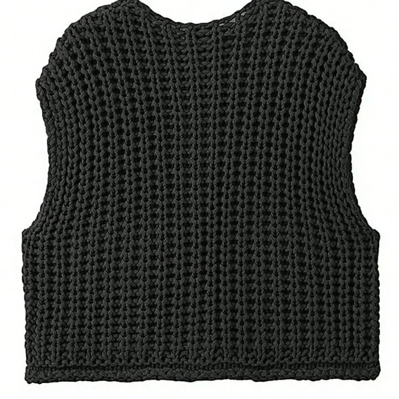 Black Casual Women's Loose Knit Vest With Double Pockets - Picture 2 of 5